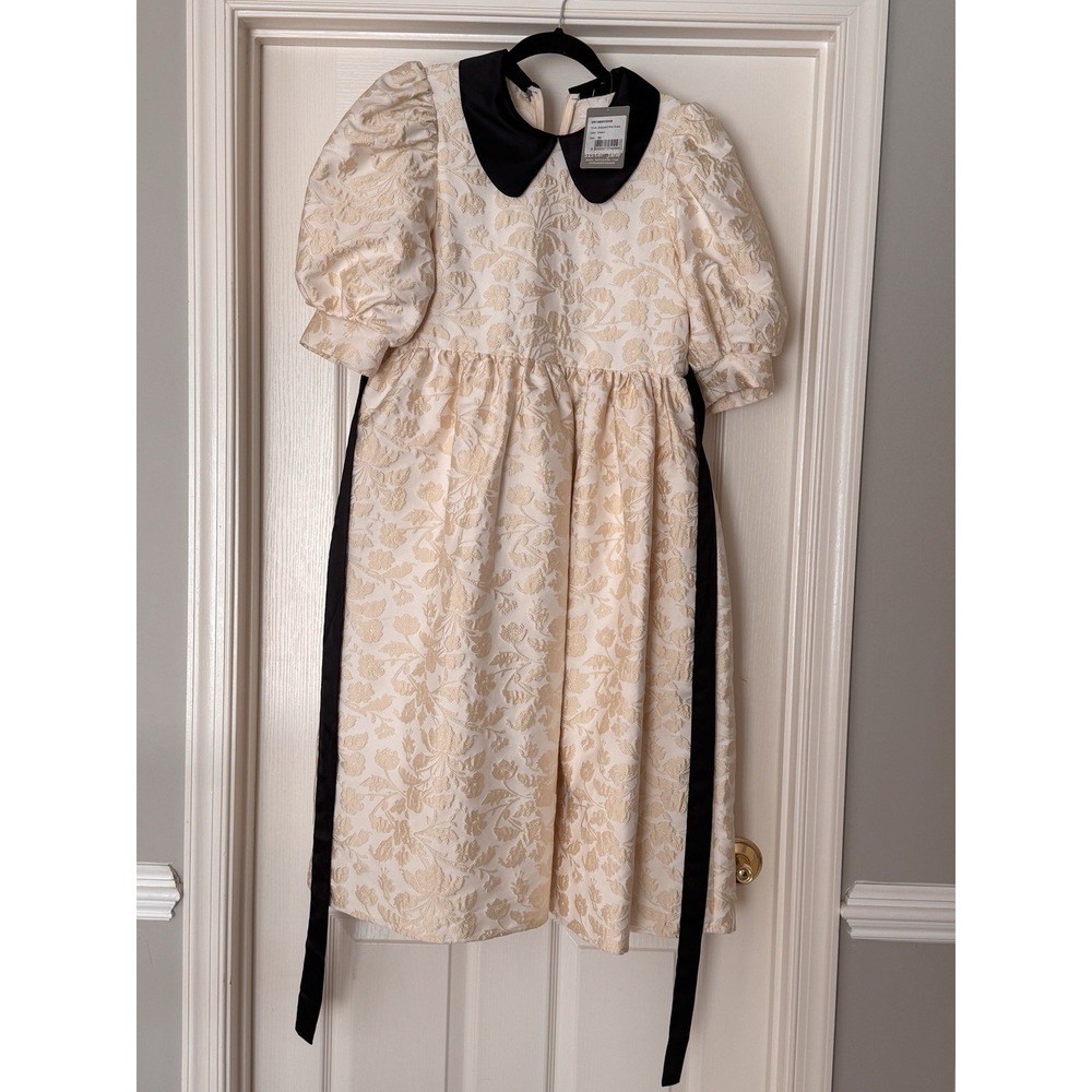 Sister Jane Jacquard Puff Sleeve Dress Black Satin Peter Pan Collar & Ribbon NWT - Picture 8 of 16